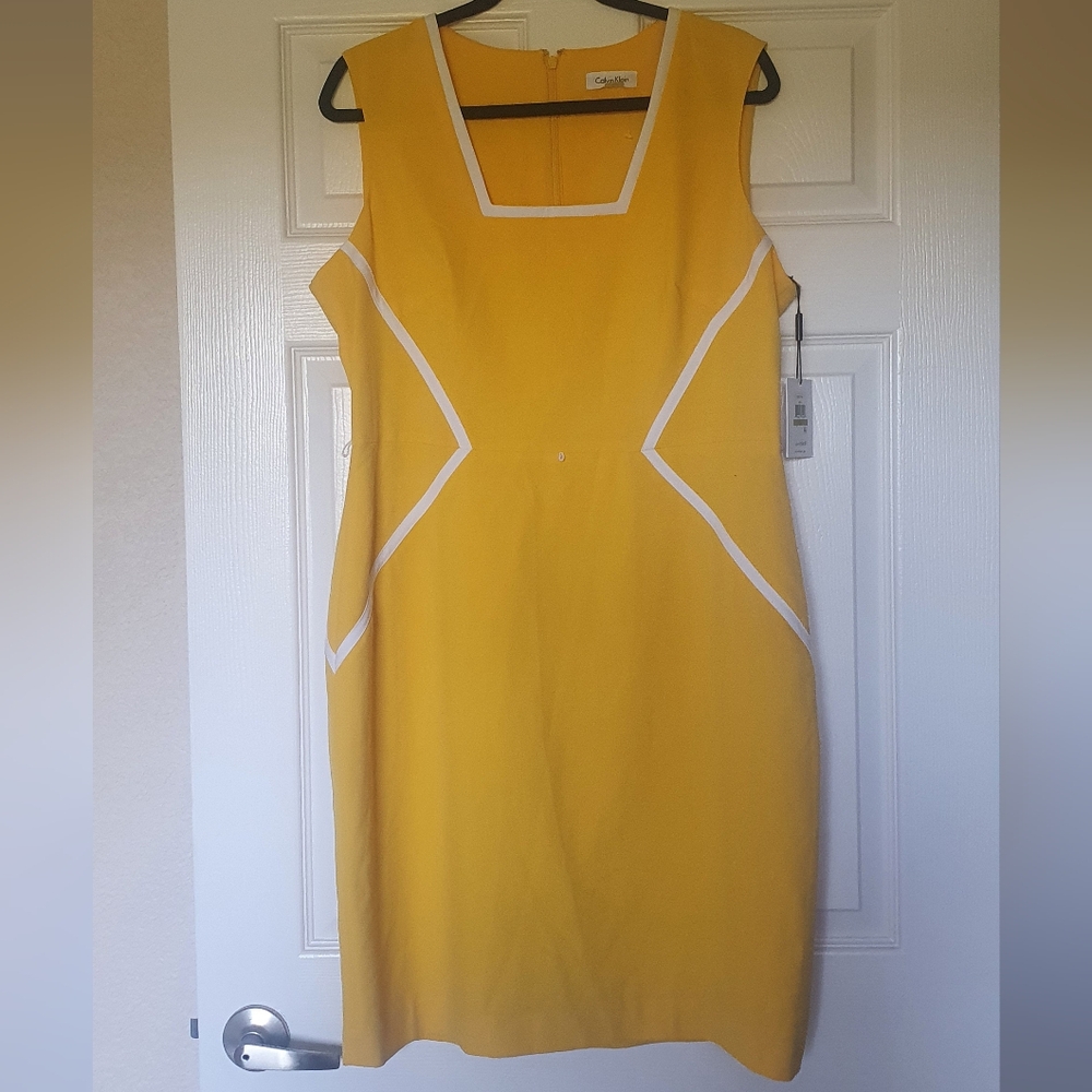 Calvin Klein Yellow Sheath Dress with White Trim